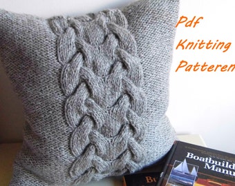 PDF Knitting Pattern, Cable knit pillow cover BACKBONE, 16 x 16, button