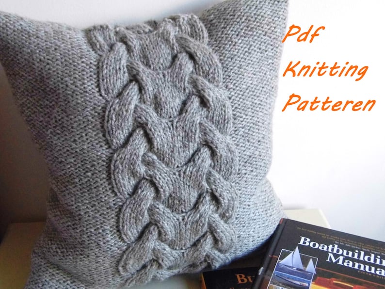 PDF Knitting Pattern, Cable knit pillow cover BACKBONE, 16 x 16, button image 1