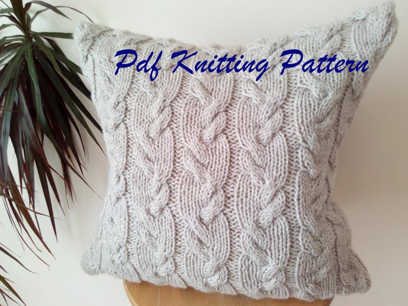 PDF KNITTING PATTERN, Cable knit aran pillow cushion cover Wavy cables, 18'' x 18'', button image 1