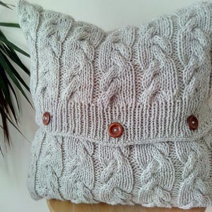PDF KNITTING PATTERN, Cable knit aran pillow cushion cover Wavy cables, 18'' x 18'', button image 2