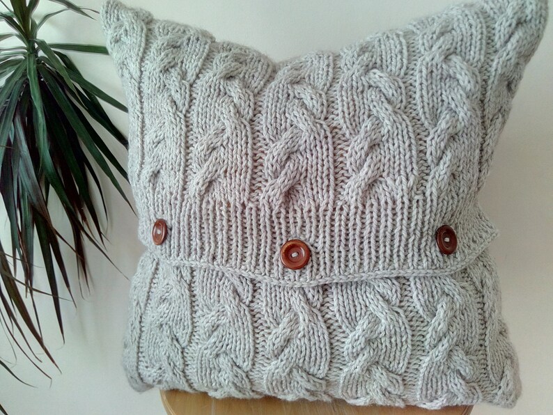 PDF KNITTING PATTERN, Cable knit aran pillow cushion cover Wavy cables, 18'' x 18'', button image 2