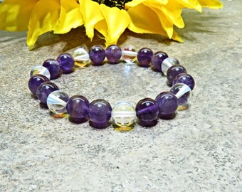 Amethyst Dark Purple Bracelet - Flashy Rainbow Mystic Aura Quartz Genuine Gemstone Bracelet Chakra 8mm Beads