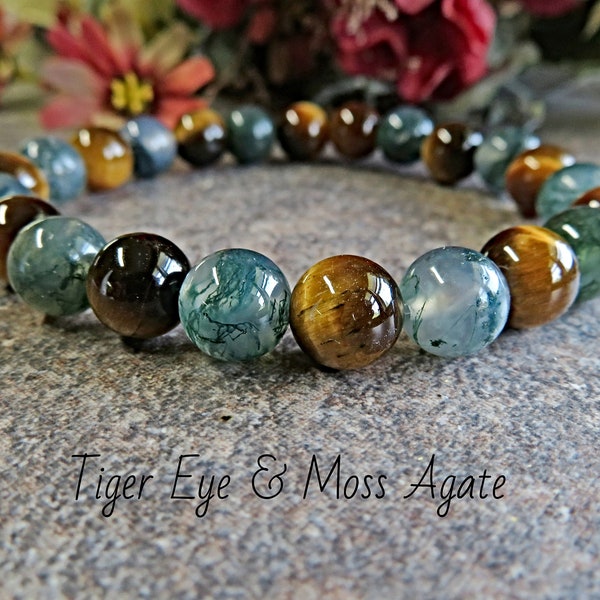 Chakra Bracelet Tiger's Eye Moss Agate Bracelet | Stretch Bracelet | Women Men Bracelet | Protection | Success | 8mm Gemstone Bracelet