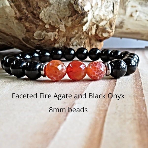 Black Onyx Bracelet Fire Agate 8mm Gemstone Beaded Bracelet Protection and Healing Root Chakra Bracelet Reiki