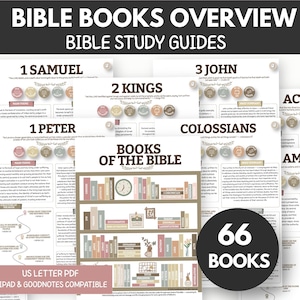 Könnte beinhalten: Eine Sammlung von Bibelstudien-Leitfäden mit dem Text BIBLE BOOKS OVERVIEW und BIBLE STUDY GUIDES. Die Seiten enthalten Zusammenfassungen für Bücher wie 1. Samuel, 2. Könige, 1. Petrus und Kolosser, mit einer zentralen Grafik für 66 BOOKS.
