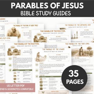 May include: A collection of Parables of Jesus Bible study guides featuring 35 pages in US Letter PDF format. Each page includes sepia-toned illustrations, summaries, key verses, and symbolism charts for various parables, compatible with iPad and Goodnotes.