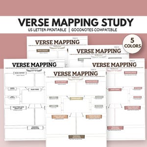 Op de afbeelding: Een set printbare Verse Mapping-studiebladen met secties voor boekcontext, hoofdvers, trefwoorden, kruisverwijzingen en persoonlijke reflectie. De witte pagina's bevatten donkerbruine tekst en koppen, met een 5 kleuren badge zichtbaar.