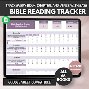 May include: A digital Bible reading tracker displayed on a tablet screen, featuring a purple and white layout for tracking chapters in Genesis, Exodus, Leviticus, and Numbers. The interface includes progress bars, chapter checkboxes, and text labels.