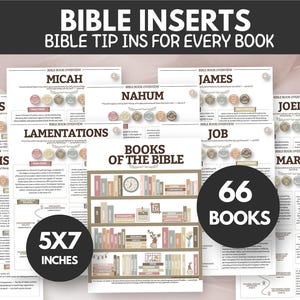 Puede incluir: Una colección de 66 insertos bíblicos de 5x7 pulgadas, con resúmenes de libros como Miqueas, Santiago, Nahúm, Job, Joel, Génesis, Lamentaciones y Marcos. Cada página incluye resúmenes de texto, iconos circulares de colores y un gráfico de estantería.