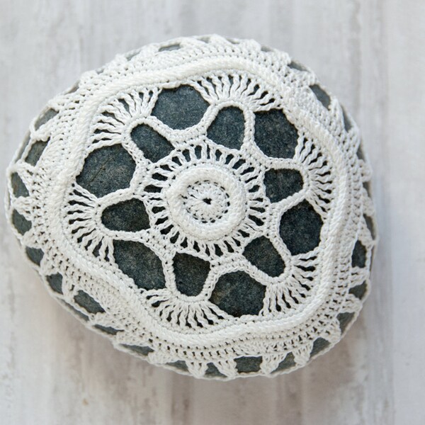 Crochet covered rock, lace stone, beach wedding, ring pillow, ivory thread, bowl element, paperweight, fiber art object, unique