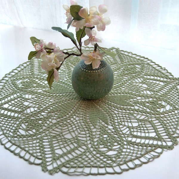 Hand crocheted sage doily, new, 18 inches round, light olive green, home table decor, frame for wall decor