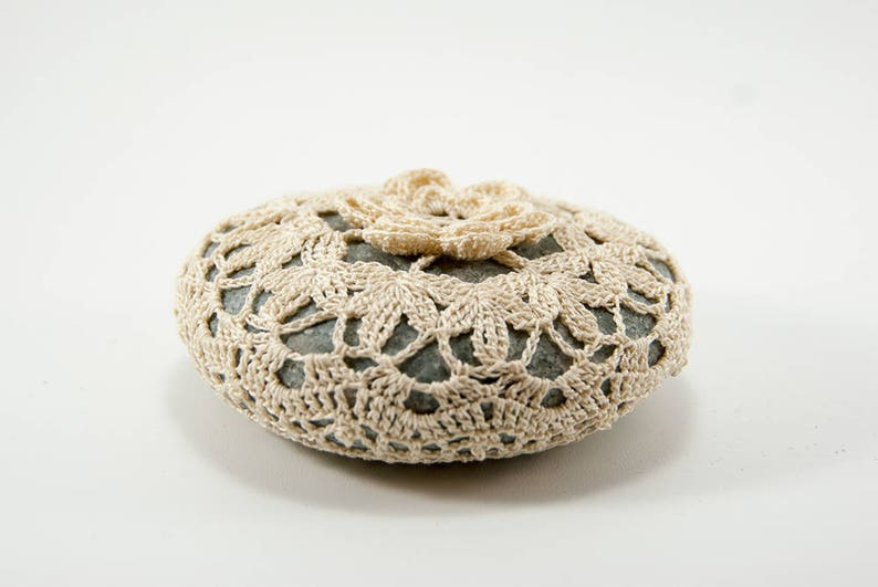 Crochet Stone Pattern, DIY, Lace Stone Cover Pattern, Crochet Rock Pattern, Petals and Leaves, Beach house decor, home decor, bowl element image 7