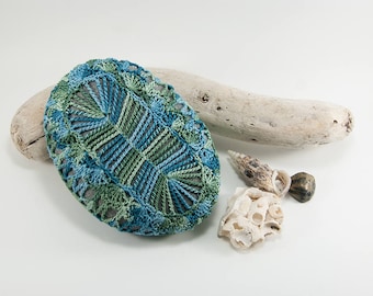 Crochet covered rock, sea green and ocean blue cotton, crochet lace stone, beach wedding, ring pillow, paperweight, fiber art object