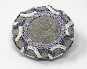crochet stone, crochet rock, unique original design, linking circles, fiber art object, silver, charcoal and natural thread, bowl element