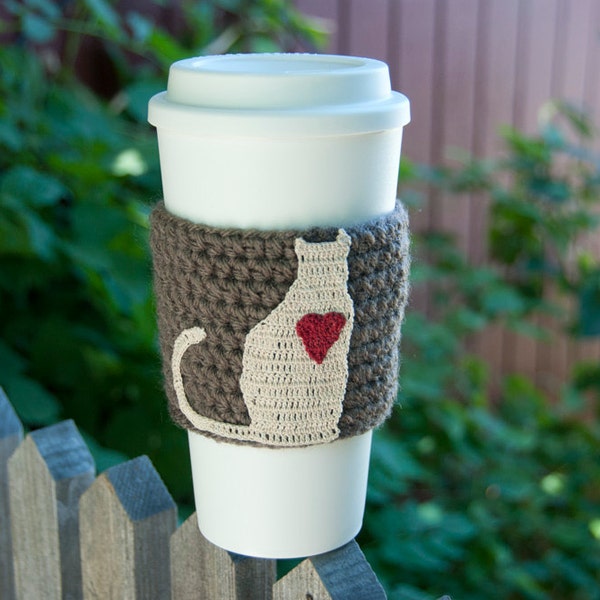 RESERVED FOR VICKI Crochet Coffee Cozy // Kitty Cat // Cream with Red Heart // taupe sleeve