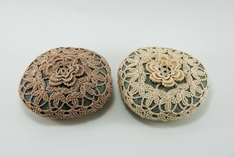 Crochet Stone Pattern, DIY, Lace Stone Cover Pattern, Crochet Rock Pattern, Petals and Leaves, Beach house decor, home decor, bowl element image 5