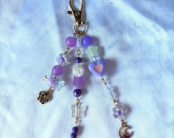 Purple Cresent Moon Keychain: Fairycore Beaded Star Charm Handmade