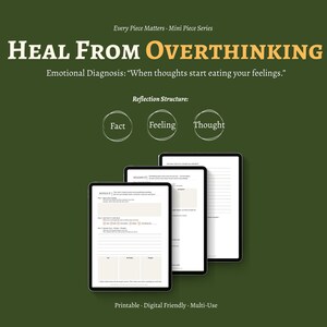 Puede incluir: Una imagen con el texto "HEAL FROM OVERTHINKING" y "Emotional Diagnosis: 'When thoughts start eating your feelings.'" Tres tabletas digitales muestran hojas de trabajo con indicaciones. La imagen también incluye las palabras "Fact", "Feeling" y "Thought".