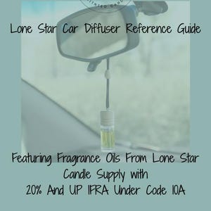 Puede incluir: Un pequeño frasco difusor de vidrio para coche con tapa blanca cuelga de un espejo retrovisor. El texto dice: Lone Star Car Diffuser Reference Guide, Featuring Fragrance Oils From Lone Star Candle Supply with 20% And UP IFRA Under Code 10A, Researched and Written By: Dawn Beverly Owner of Decree Candle Co.