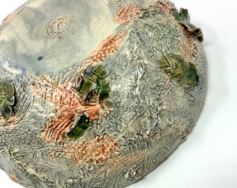 Medium Handmade Sculptural Serving Bowl in Grey with Green and Orange Accents Lichen Collection