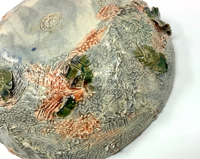 Medium Handmade Sculptural Serving Bowl in Grey with Green and Orange Accents Lichen Collection