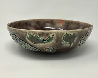 Artisan Crafted Ceramic Bowl with Unique Textured Accents - Handmade Decorative Pottery - 25 cm Diameter - Earthy Glaze with Aqua Highlights