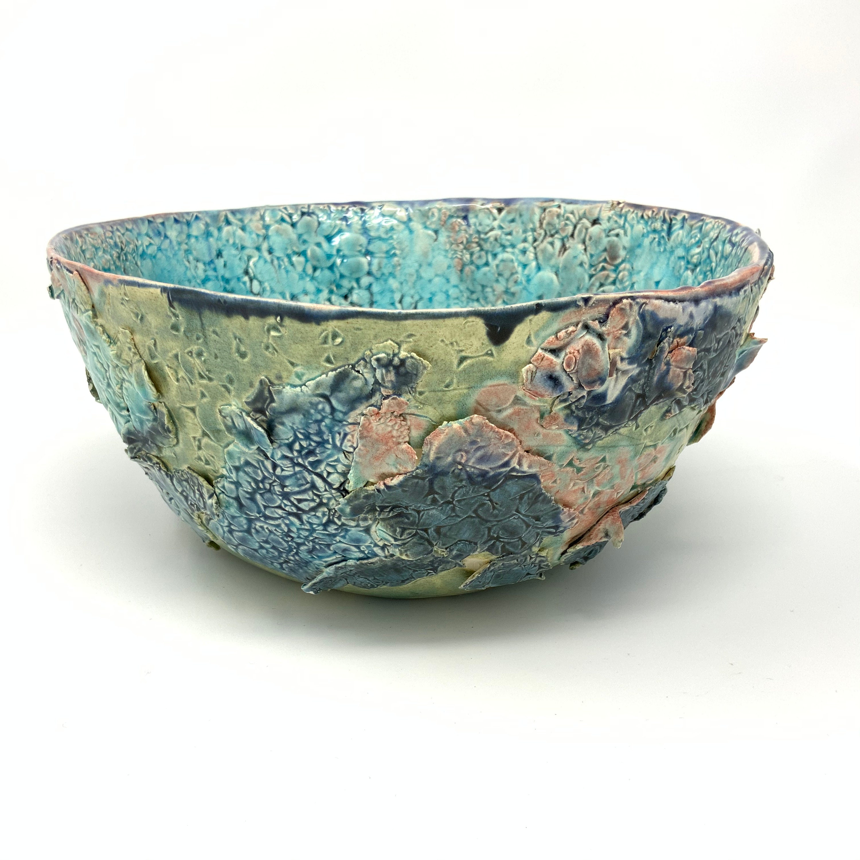 Medium Handmade Sculptural Serving Bowl in Grey with Green and Orange Accents Lichen Collection