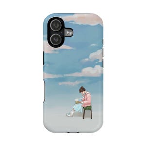 May include: A phone case featuring an illustration of a person reading a book outdoors. The artwork depicts a person in a pink sweater and blue skirt sitting on a green chair against a backdrop of a blue sky with white clouds.