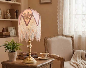 Vintage French Pastoral Table Lamp, Pink Tassel Fabric Lampshade, Cottagecore Bedside Decor