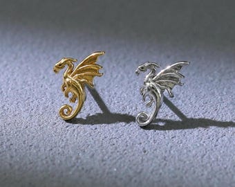 Winged Dragon Flat Back Piercing Stud, Gold Plated Sterling Silver Earring Jewelry