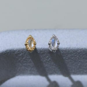 Moonstone Marquise Tiny Flat Back Earring | 925 Silver Gemstone Cartilage Threadless Push Pin | 14K Gold Plated Helix Lobe Conch Piercing