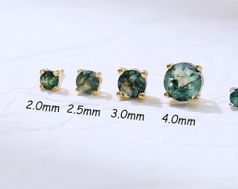 Moss Agate Sterling Silver Earring | Natural Gemstone 14K Gold Plated Conch Stud | Solitaire Helix Cartilage Piercing | Threadless Push Pin