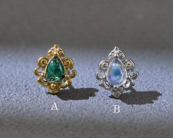 Moss Agate & Moonstone Teardrop Earring | Sterling Silver Gemstone Flat Back Stud | 14K Gold Plated Floral Cartilage Lobe Conch Piercing