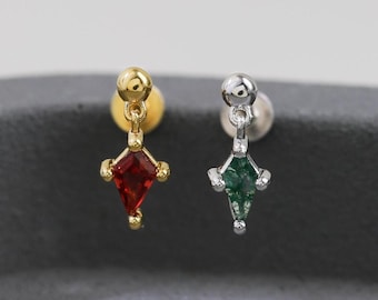 ガーネット／モスアゲート スターリングシルバースタッドピアス｜スクリュー式フラットバックピアス｜トラガス・耳たぶ軟骨ピアス