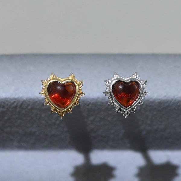 Garnet Sterling Silver Heart Shaped Stud | Gemstone 925 Silver Flat Back Earring | Gold Plated Cartilage Lobe Helix Conch Piercing Jewelry