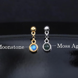 Moss Agate & Moonstone Rolo Chain Stud | Gemstone Sterling Silver Flat Back Piercing | 14K Gold Plated Cartilage Lobe Helix Conch Earring