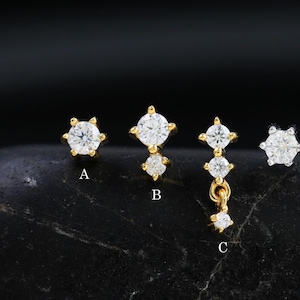 Moissaniet sterlingzilveren stud met platte achterkant | 14 kt vergulde diamanten kraakbeenoorbel | Conch Tragus Lobe Helix-schroefdraadloze pushpin