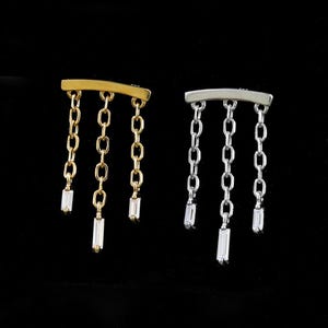 Moissanite Triple Chain Hidden Helix Earring | Sterling Silver Dangle Chain Cartilage Flat Back Stud | Gemstone Tragus Lobe Conch Piercing