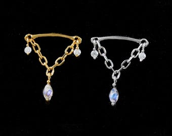 Moonstone Dangle Hidden Helix Stud | Sterling Silver Cartilage Earring | Moissanite Threadless Push Pin | Gold Plated Cable Chain Piercing