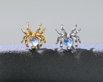 Moonstone Spider Stud Earring | 14K Gold Plated Insect Cartilage Earring | Sterling Silver Animal Helix Conch Stud | Threadless Push Pin
