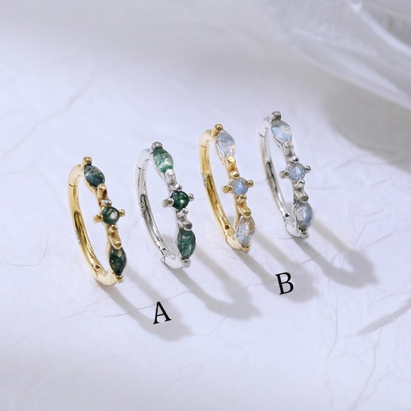 Piercing Clicker de Cartilagem em Prata de Lei com Ágata Musgosa | Argolas para Hélix, Lóbulo e Conch com Labradorita | Brincos Clicker com Pedras Preciosas | Piercings de Septo Banhados a Ouro