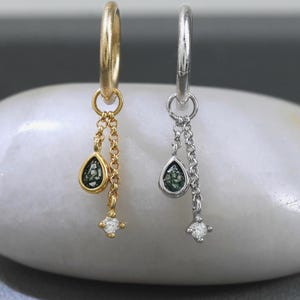 Pendiente con dije de lágrima de ágata musgosa y moissanita / Cadena colgante de plata esterlina para piercing de cartílago / Aro para cartílago, hélix y concha