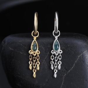 Orecchino con ciondolo a goccia in agata muschiata / Orecchino pendente a tripla catena in argento sterling / Piercing per elice, lobo, conchiglia, trago