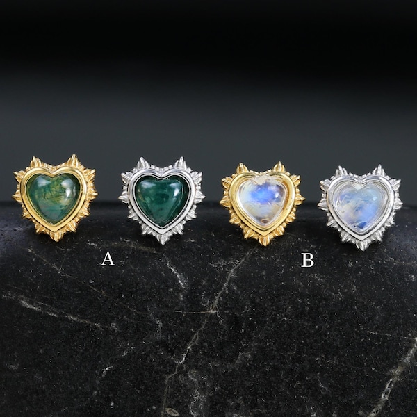 Moss Agate & Moonstone Heart Shaped Stud | Gemstone Sterling Silver Flat Back Piercing | 14K Gold Plated Cartilage Lobe Helix Conch Earring