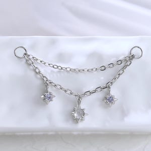 Moonstone & Tanzanite Dangle Star Chain, Gold Plated Sterling Silver Celestial Earring, Double Layer Drop Link Piercing, Polaris Attachment