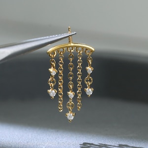 Moissanite Sterling Silver Hidden Helix Earring | 14K Gold Plated Screw Flat Back Piercing | Dangle Chain Vertical Helix Cartilage Stud