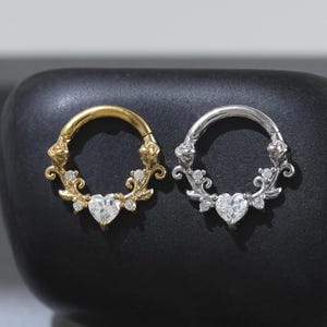 Moissanite Rose Sterling Silver Daith Clicker | Heart Gemstone Floral Septum Nose Ring | 14K Gold Plated Cartilage Helix Conch Hoop Earring