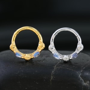 Mondstein Muschel Muster Daith Clicker | Sterling Silber Ozean inspirierten Septum Nasenring | 14K Vergoldetes Knorpel Conch Helix Piercing