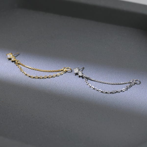 Pendiente de cartílago con doble cadena de moissanita / Pendiente de cartílago chapado en oro de 14 quilates / Pendiente de plata 925 con doble perforación para hélice y lóbulo / Pasador sin rosca