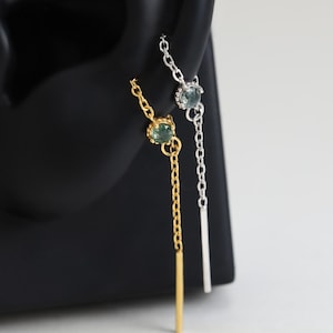Moss Agate Sterling Silver Long Chain Threader Earring | Gemstone Helix Cartilage Conch Piercing | 14K Gold Plated Lobe Pull Through Stud